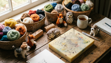 A cozy craft table scene with needle felting materials