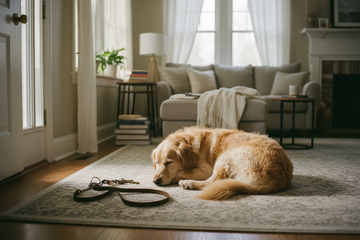 Dog resting calmly near the front door in a cozy home while waiting for its owner