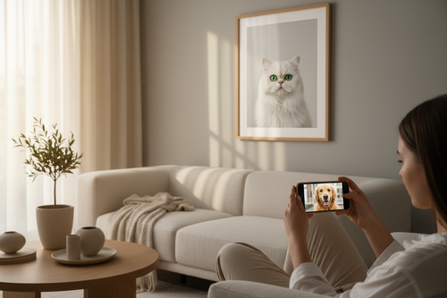 A pet photo being transformed into wall art in a warm, cozy home setting