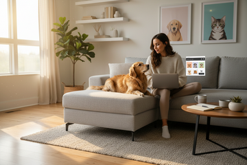 Woman ordering a custom pet portrait online while sitting with her dog in a bright living room