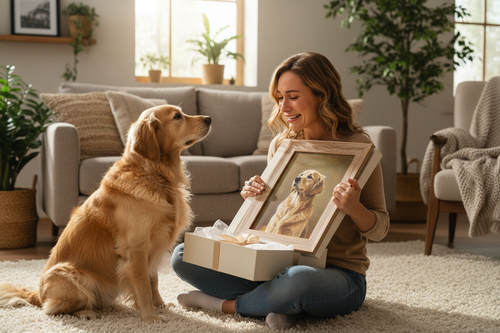Dog mom opening a custom dog portrait gift at home with her dog beside her