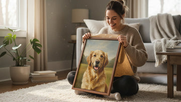 A smiling woman opening a custom Golden Retriever portrait gift at home
