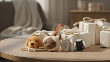 Personalized pet keychain gifts arranged with custom dog and cat charms on keys, bags, and gift boxes