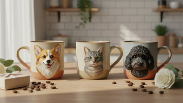 Handmade personalized pet portrait mugs displayed as thoughtful gifts for dog and cat lovers