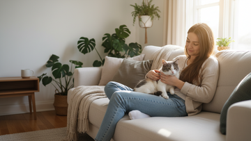 cozy living room, young woman gently holding an adult domestic shorthair cat on her lap