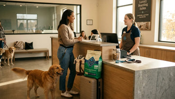 Dog checking into a modern dog hotel in 2026 with owner and front desk staff