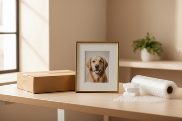 Custom pet portrait packaging and a delivery box on a desk, emphasizing production plus shipping time.