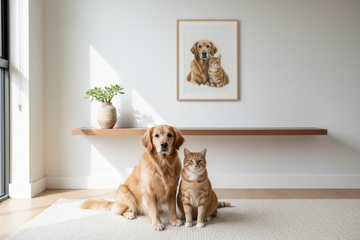 Two pets posed side by side with a framed custom portrait, representing multi-pet portrait planning.