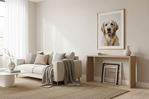 Custom pet portrait on a living room wall with a few frame sizes nearby for scale.