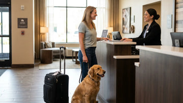 Traveler checking into a pet-friendly hotel with a dog and luggage