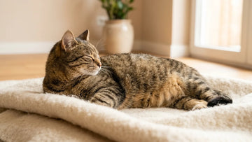 Pregnant cat resting calmly on a soft blanket at home