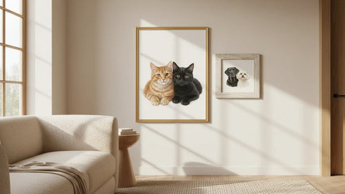 Custom 2-pet and 3-pet portrait pricing guide with framed pet artwork in a warm home setting