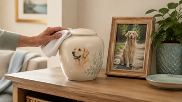 Hand gently dusting a closed ceramic pet urn beside a framed golden retriever photo