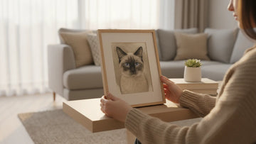 A person holding a framed personalized pet portrait in a warm, modern living room