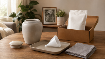 Pet urn transfer supplies arranged on a stable table before moving pet ashes