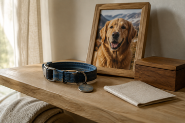Worn blue dog collar beside a framed golden retriever photo and wooden keepsake box