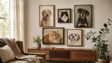 Pet portrait gallery wall with framed dog and cat artwork in a warm living room