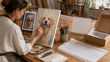 Artist creating a custom pet portrait beside a calendar and shipping supplies