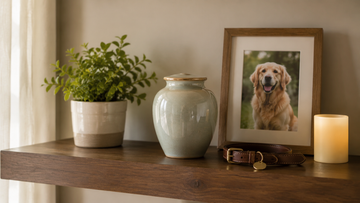 Peaceful pet urn display with a framed dog photo and keepsakes on a secure home shelf
