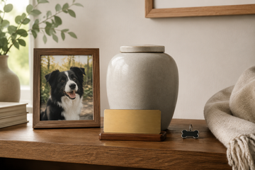 Ceramic pet urn with a blank memorial plaque, framed black-and-white dog photo, and collar tag