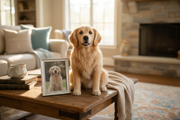Realistic custom pet wool felted stuffed animal next to a framed photo of the pet on a cozy living-room table