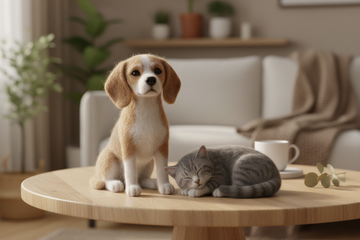 Full-body needle-felt pet sculpture showing a sitting pose and a lying pose side by side on a clean tabletop
