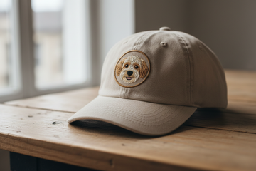 Close-up of a cotton cap with a small pet portrait embroidery in soft natural light