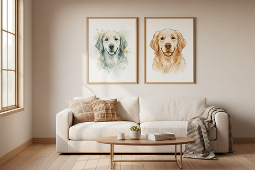 Side-by-side comparison of a watercolor pet portrait and a digital pet portrait displayed in a cozy home setting