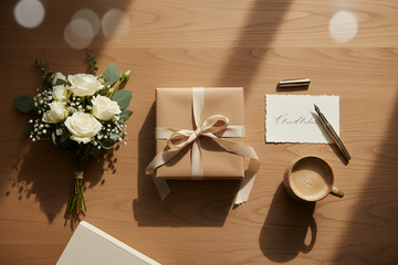 Warm flat lay of thoughtful gifts including a handwritten note, ribbon, and small items on a neutral table