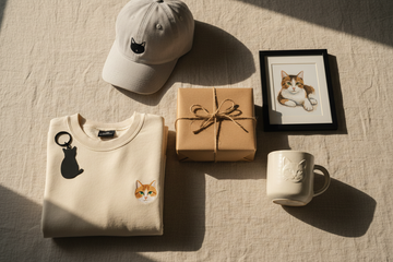 Flat lay of cat-themed gifts arranged on a neutral background