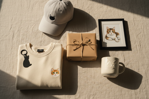Flat lay of cat-themed gifts arranged on a neutral background