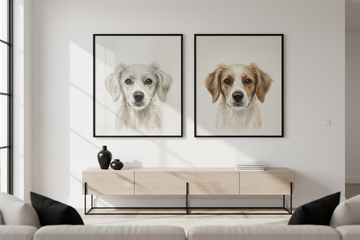 Modern living room wall showing a glass oil pet portrait next to a classic canvas oil pet portrait for style comparison.