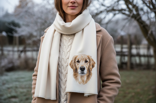 Woman wearing a cozy scarf with an embroidered pet portrait, showing premium texture and detail