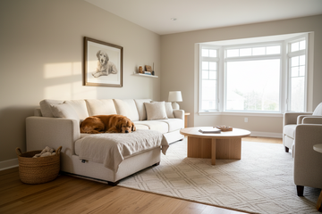 Bright living room with a dog resting on a neutral sofa and framed pet art that matches the decor