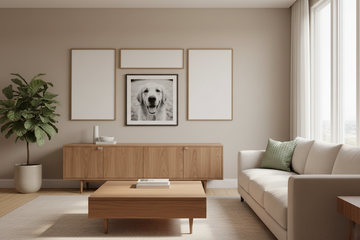 Pet portrait wall art styled in a cozy modern living room