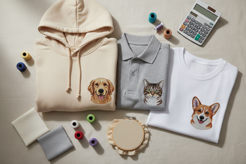 Flat lay of embroidered hoodie, polo, and t-shirt featuring pet portrait embroidery with threads and a calculator on a neutral background.