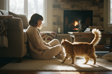 A calm person sitting sideways while a curious cat approaches in a cozy living room