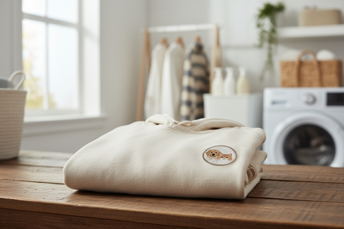 Folded hoodie with a small embroidered pet portrait in a bright laundry room setting.
