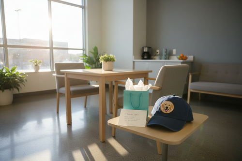 Gift bag and thank-you card with a custom embroidered pet portrait cap in a veterinary clinic break room.