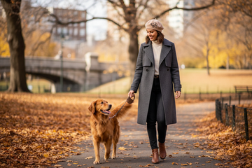 Pet parent walking a dog while wearing a neutral beret with subtle pet portrait embroidery
