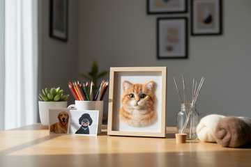 Needle-felted pet art on a desk next to pet photos and wool roving