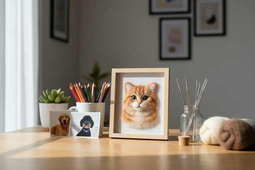 Needle-felted pet art on a desk next to pet photos and wool roving
