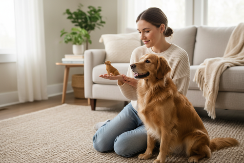 Pet owner holding a small 3D dog figurine next to their real dog in a cozy living room.