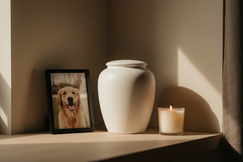 A tasteful ceramic dog urn on a shelf with a framed pet photo in a calm home setting
