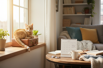 Cat by a window next to a suitcase and calendar, suggesting travel plans and pet care arrangements.