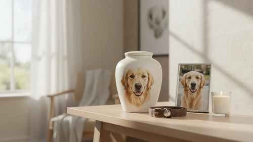 Custom ceramic pet urn with hand-painted pet portrait displayed in a calm home memorial setting