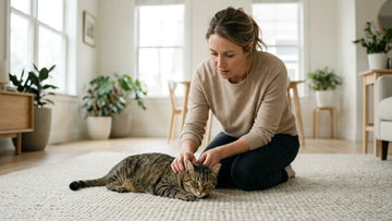 Concerned cat owner watching a tabby cat resting after panting in a bright living room