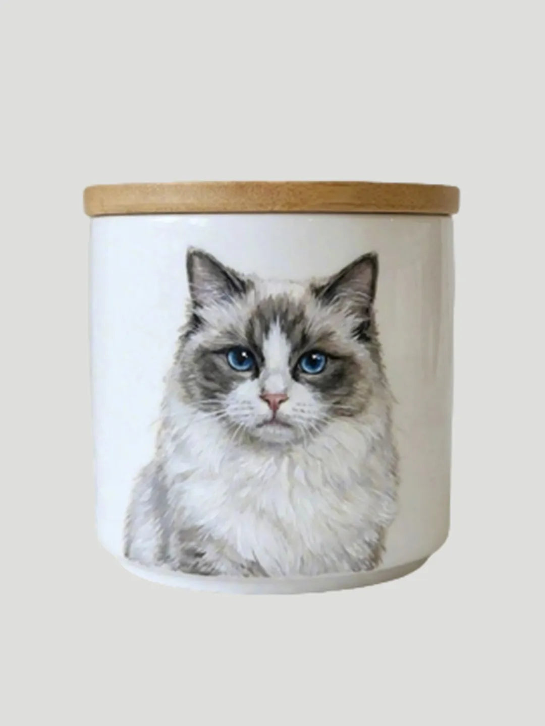 Ceramic pet urn with bamboo lid and a custom hand-painted cat portrait