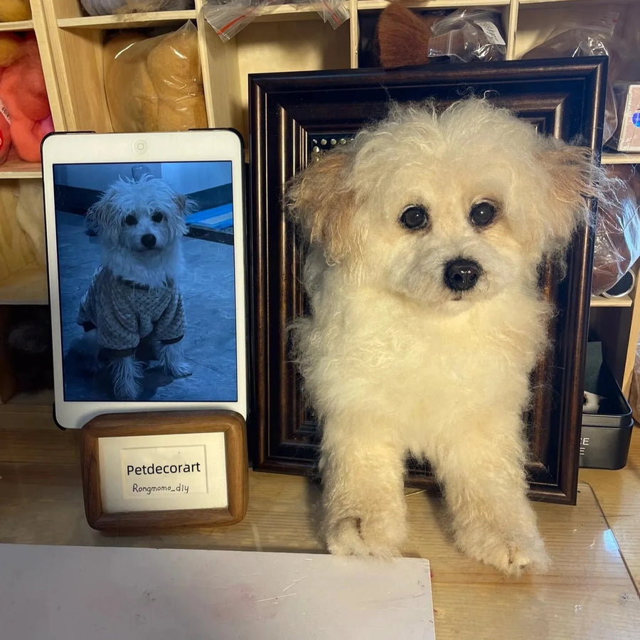 Custom needle-felted dog portrait displayed in a wooden frame beside the original pet photo