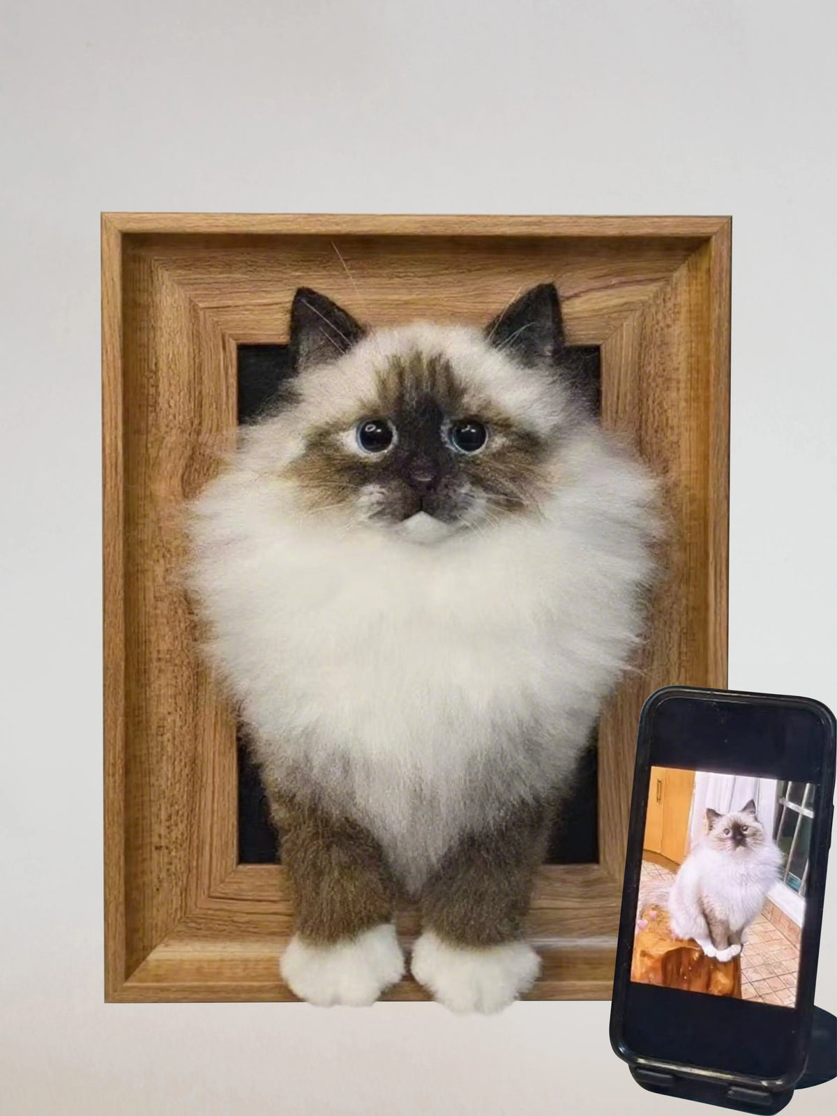 A 3D wool‑felt pet portrait in a wooden frame on a shelf